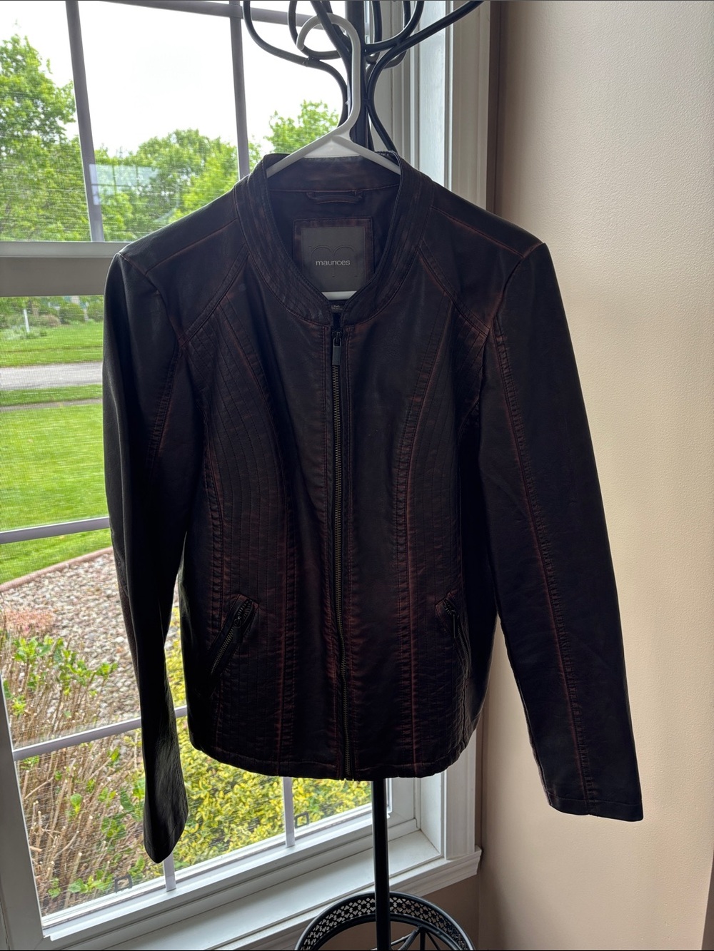 Maurices Dark Brown Faux Leather Moto Jacket with Stitch Detailing